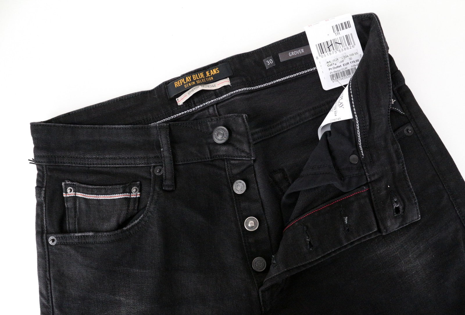 REPLAY Grover Men Jeans W30/L34 Selvedge Stretch Button-Fly Grey Straight Fit