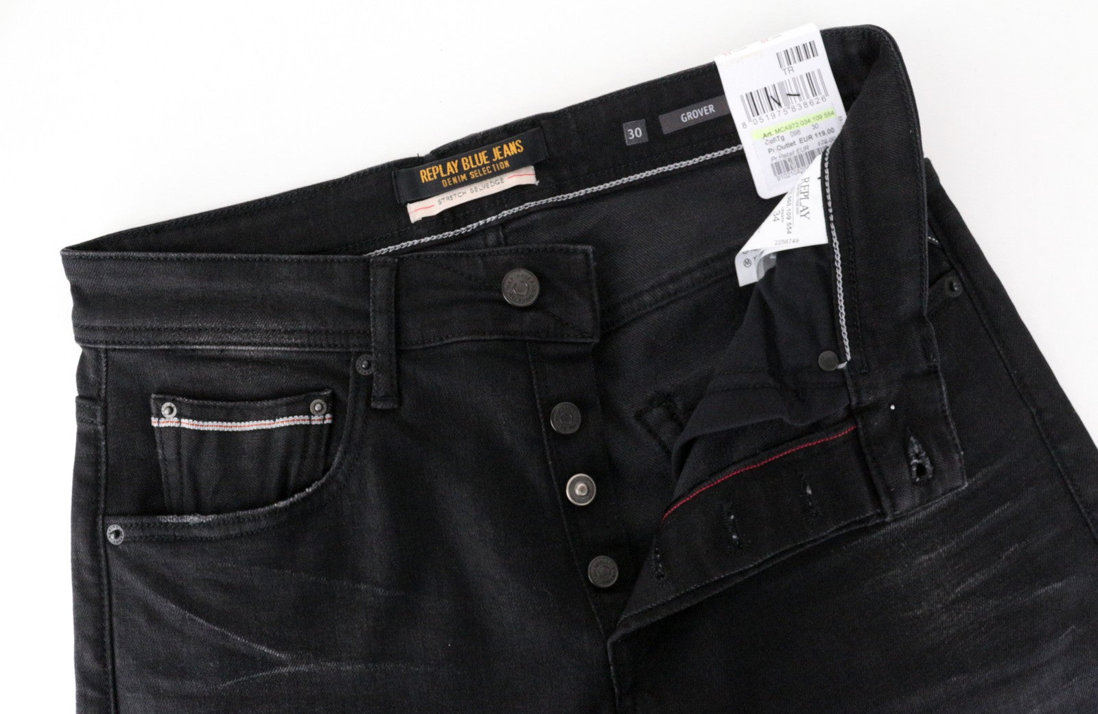 REPLAY Grover Men Jeans W30/L34 Button-Fly Dark Grey Selvedge Straight Fitted