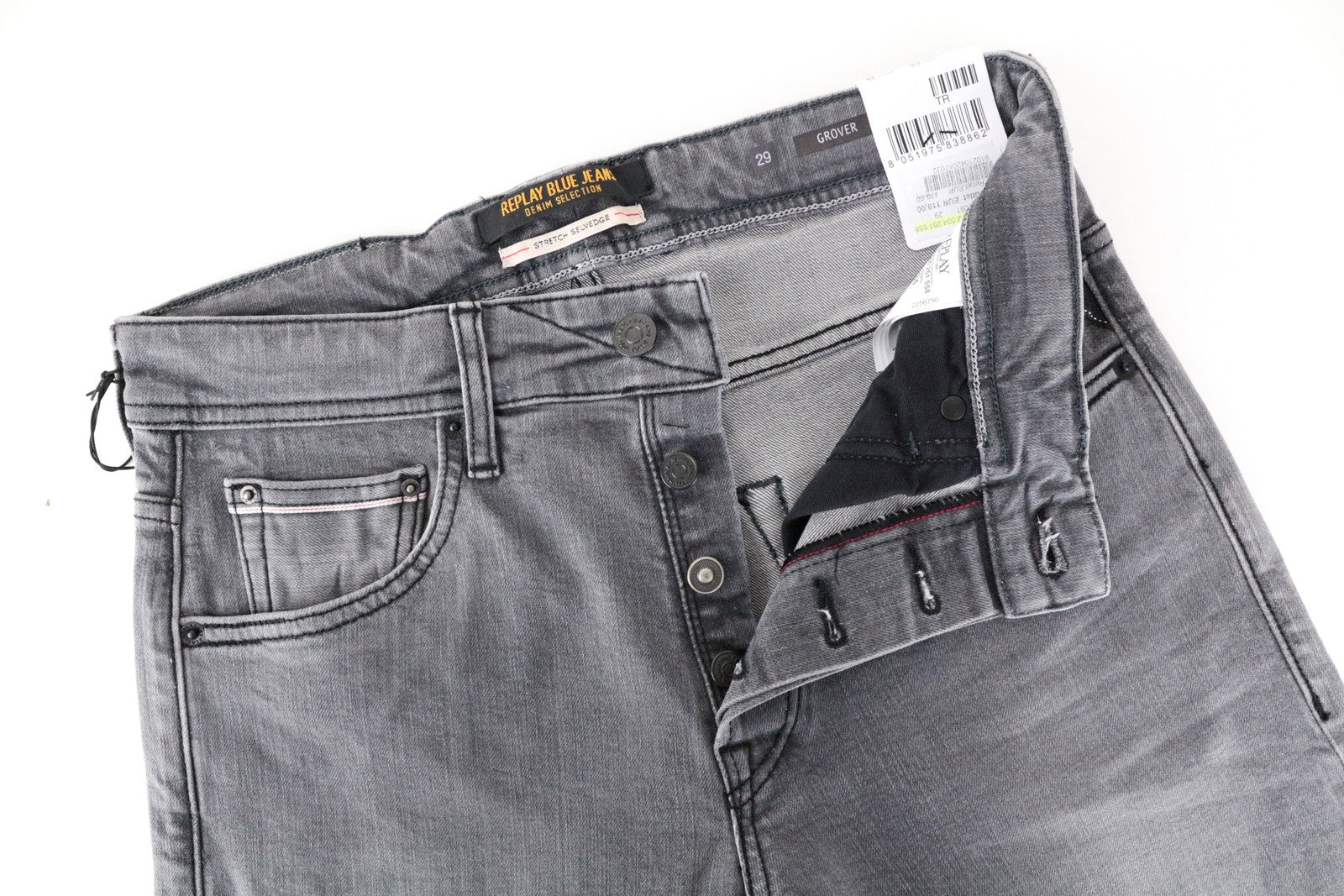 REPLAY Grover Men Jeans W29/L34 Stretch Button-Fly Selvedge Grey Straight Fit