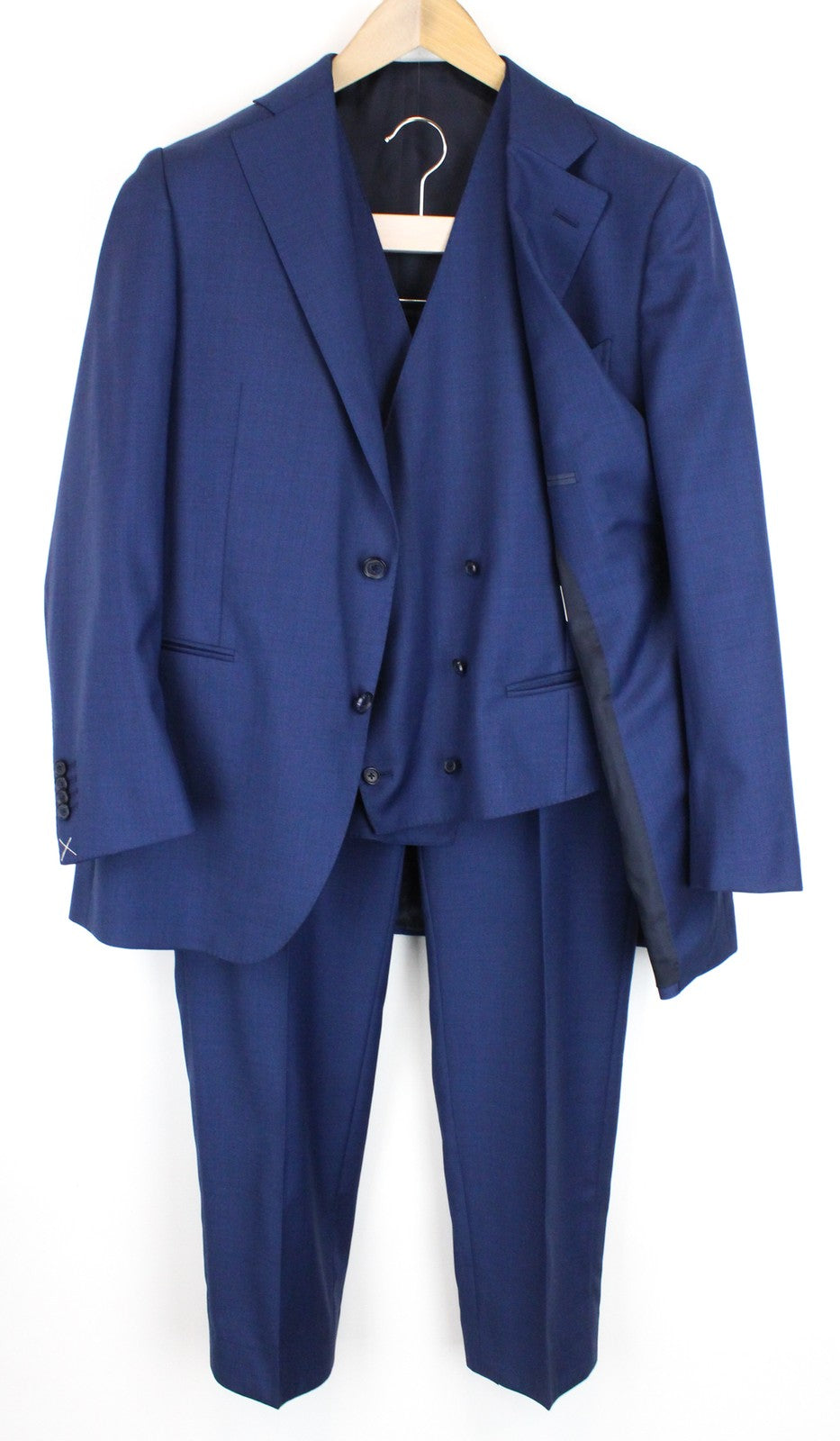 SUITSUPPLY La Spalla Men Suit UK44S Woolen Mid-Blue Lined 3 Piece Twill Classic