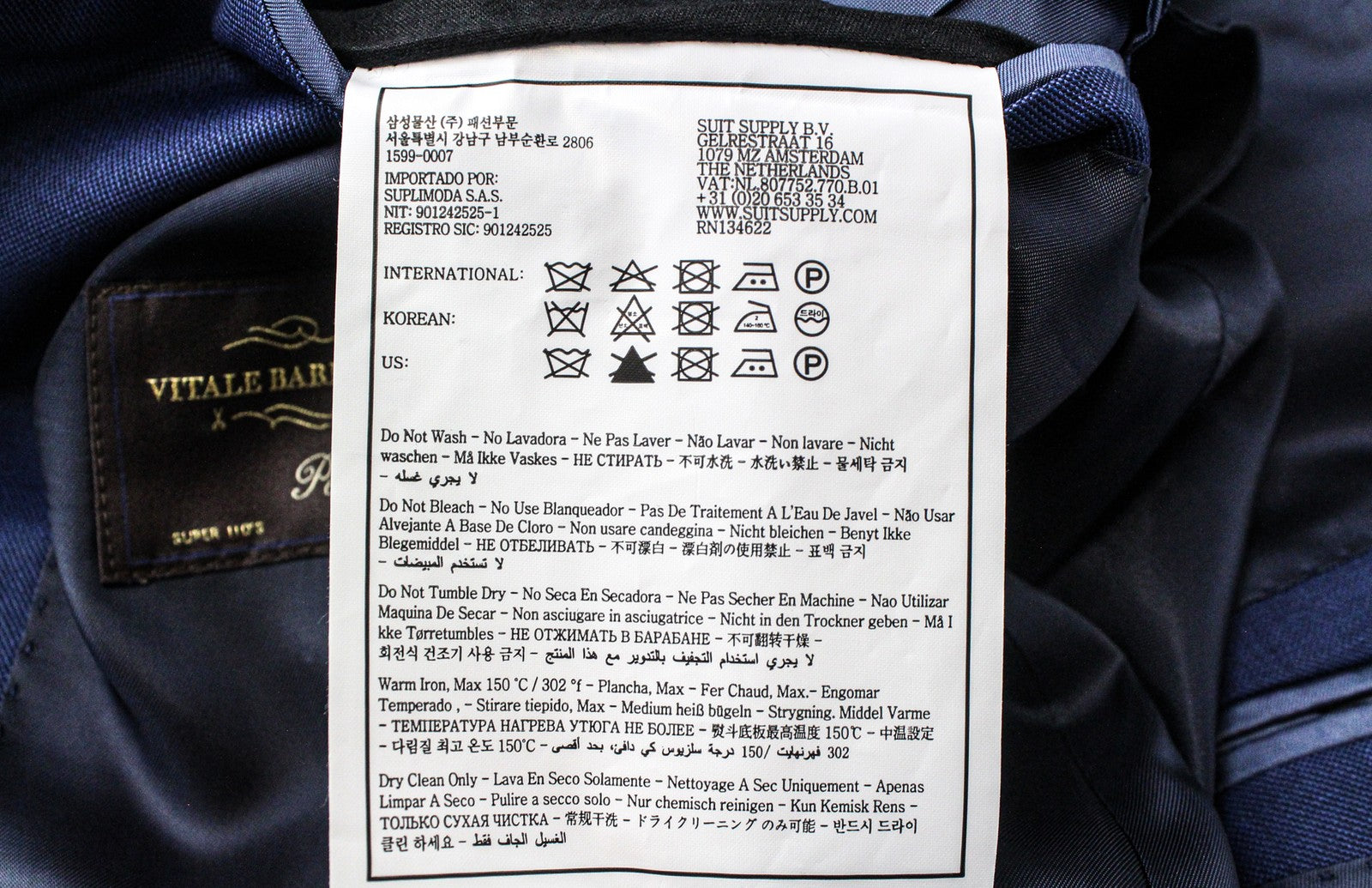 SUITSUPPLY La Spalla Men Suit UK44S Woolen Mid-Blue Lined 3 Piece Twill Classic