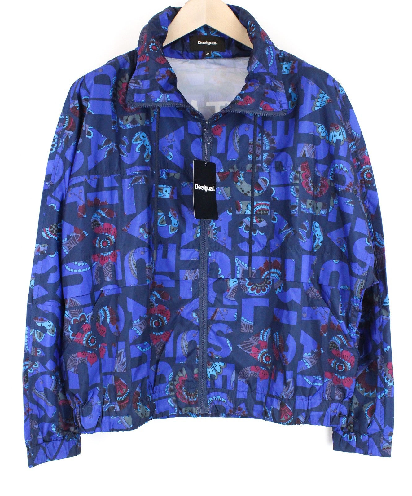 DESIGUAL Chaq Lex Women Jacket 40 Blue Hidden Hood Logo Abstract Print Short