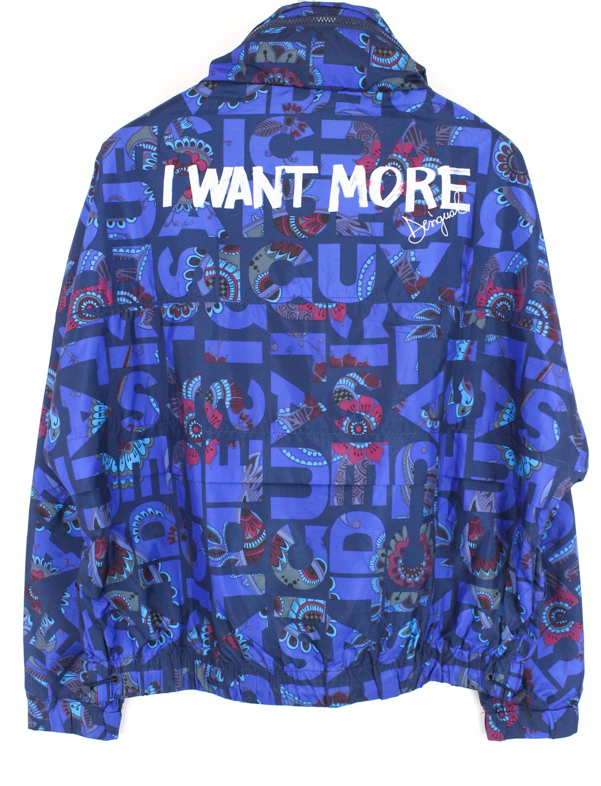 DESIGUAL Chaq Lex Women Jacket 40 Blue Hidden Hood Logo Abstract Print Short