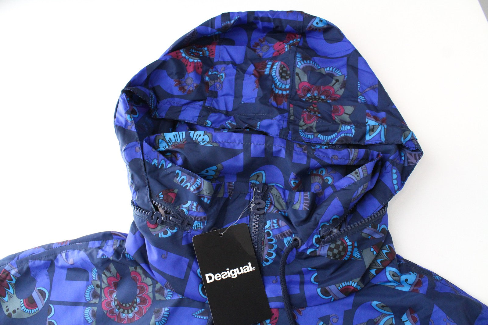 DESIGUAL Chaq Lex Women Jacket 40 Blue Hidden Hood Logo Abstract Print Short