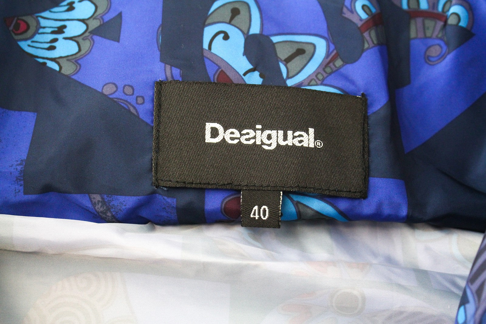 DESIGUAL Chaq Lex Women Jacket 40 Blue Hidden Hood Logo Abstract Print Short