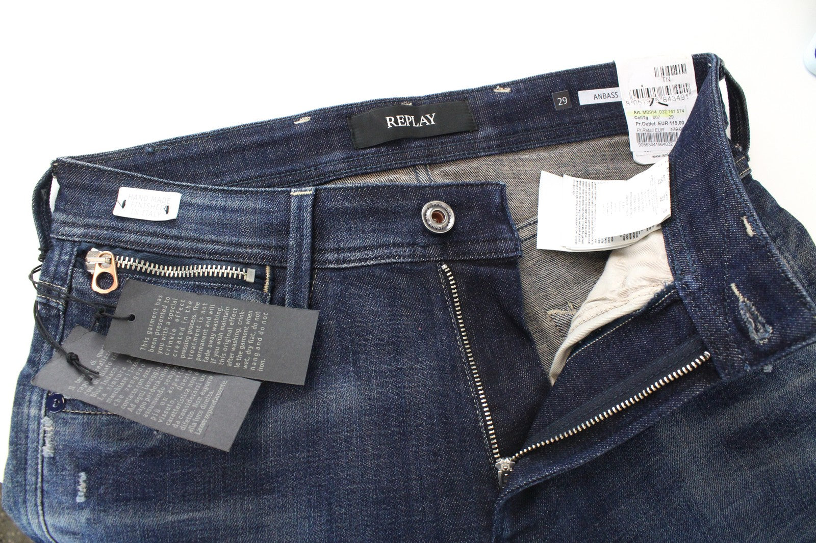 REPLAY Anbass Ice Blast Men Jeans W29/L32 Faded Out Denim Blue Stretch Slim Fit