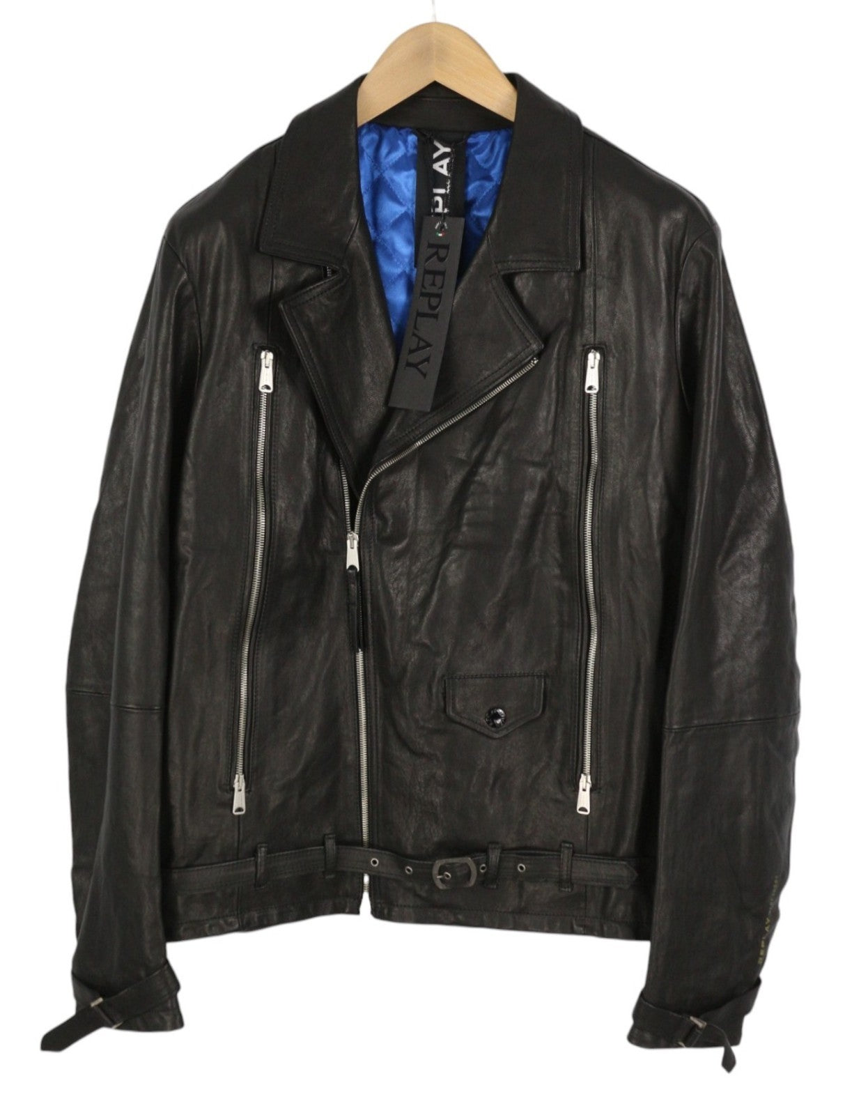 REPLAY Men Jacket XL Biker Black Lined Belted Collared Pure Lambskin RRP499