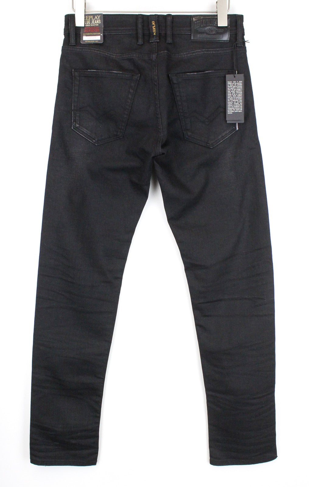 REPLAY Grover Men Jeans W30/L34 Straight Fit Selvedge Cotton Stretch Black Wash