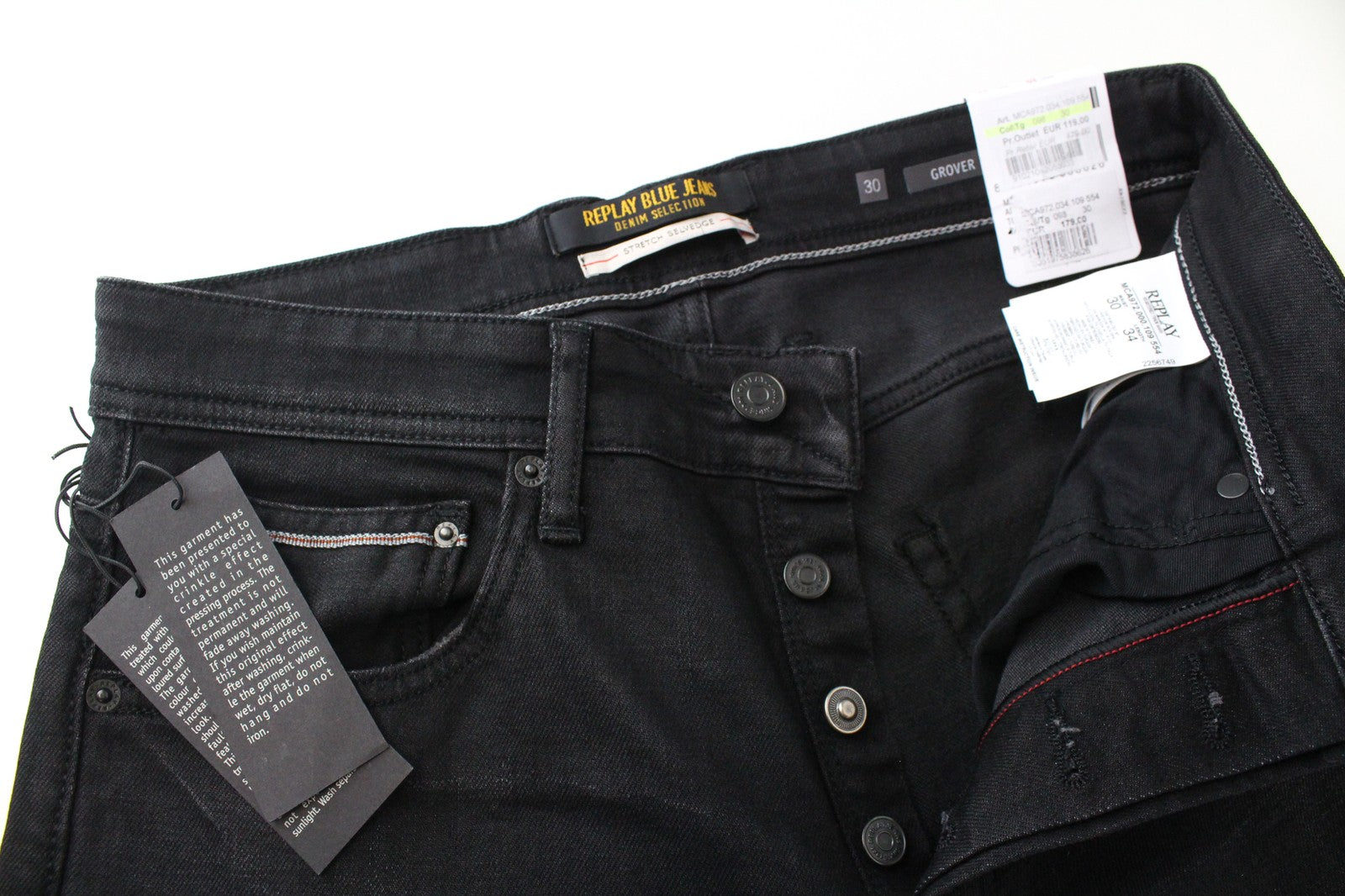 REPLAY Grover Men Jeans W30/L34 Straight Fit Selvedge Cotton Stretch Black Wash