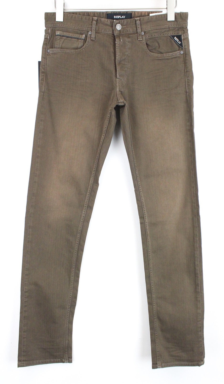REPLAY Grover Men Jeans W30/L34 Straight Fit Washed Cotton Stretch Brown Denim