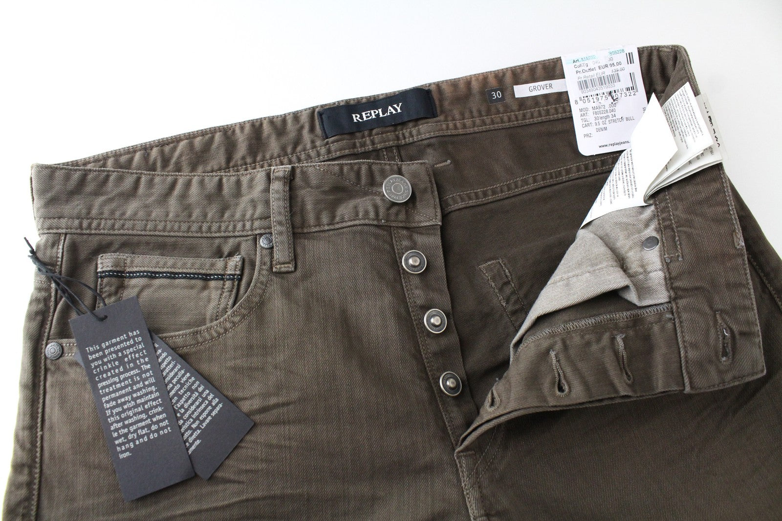 REPLAY Grover Men Jeans W30/L34 Straight Fit Washed Cotton Stretch Brown Denim