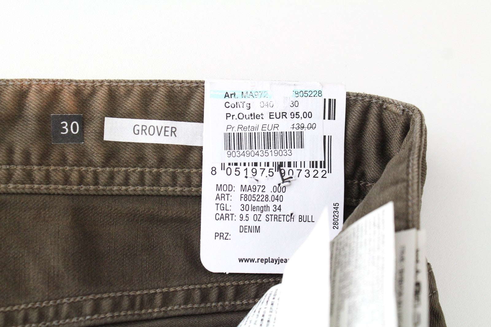 REPLAY Grover Men Jeans W30/L34 Straight Fit Washed Cotton Stretch Brown Denim