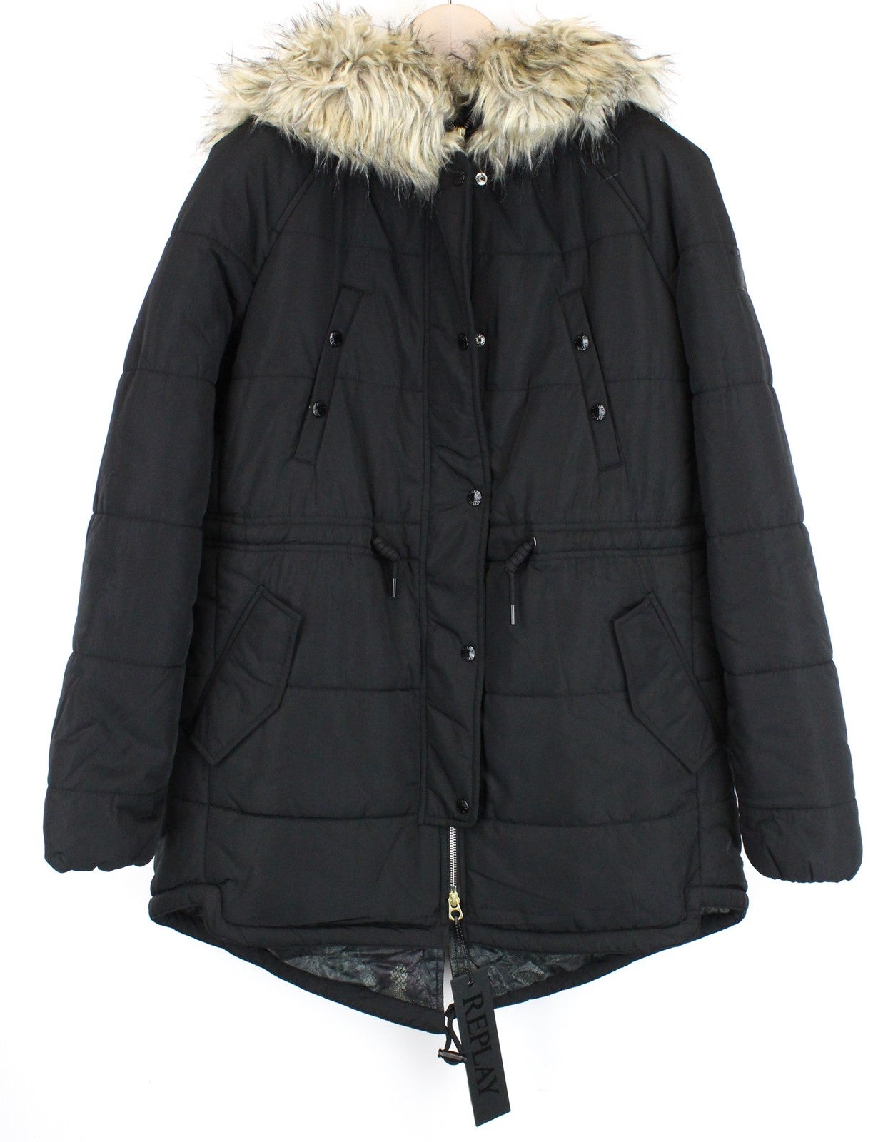 REPLAY Women Jacket M Black Lined Padded Faux Fur Hooded Zipped Snaps Parka
