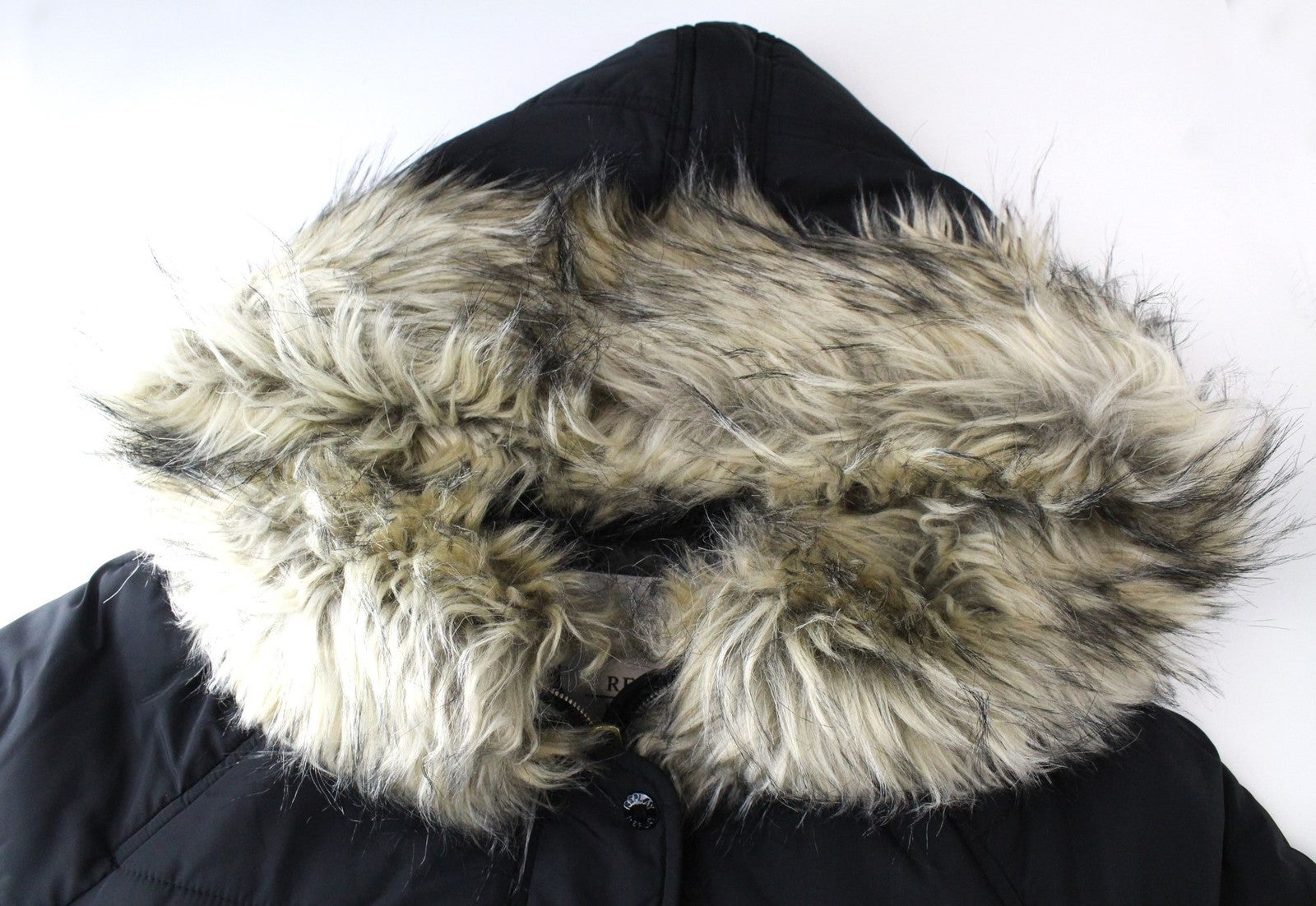 REPLAY Women Jacket M Black Lined Padded Faux Fur Hooded Zipped Snaps Parka