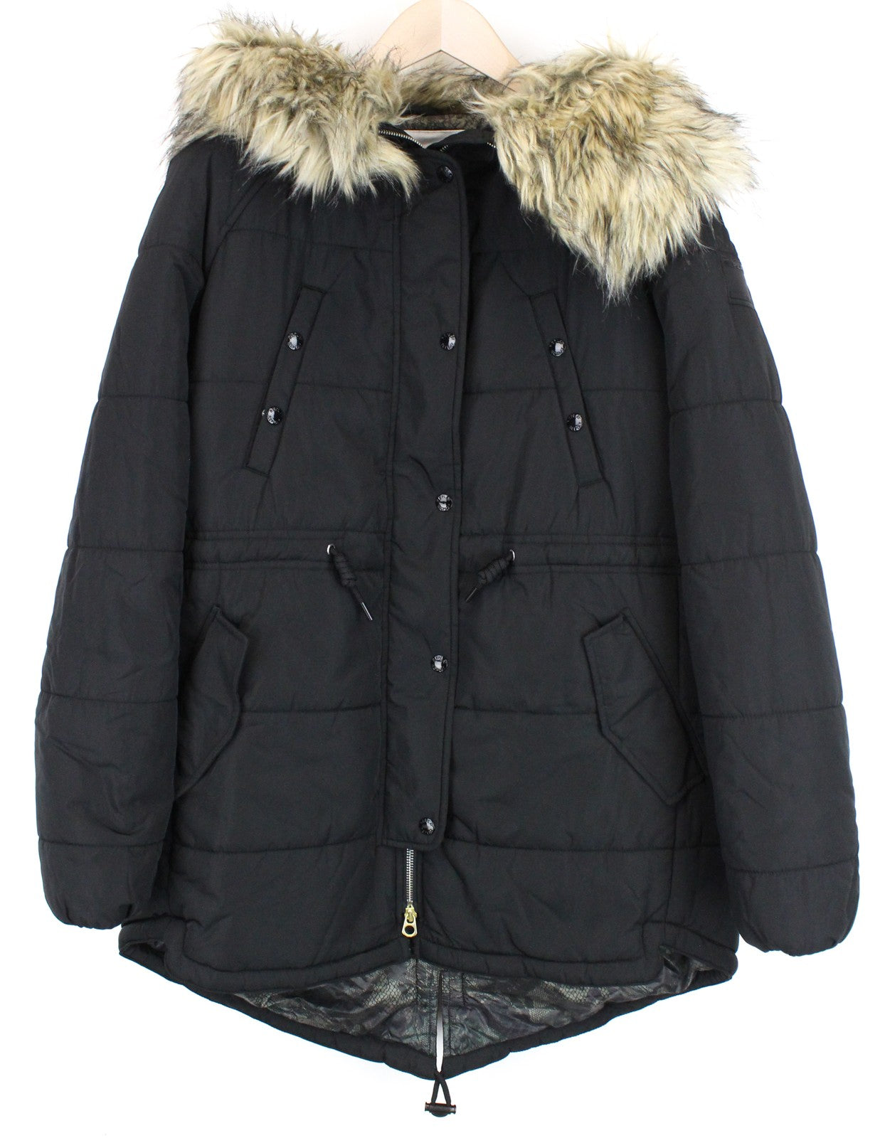 REPLAY Women Jacket S Black Lined Padded Faux Fur Hooded Zipped Snap Parka
