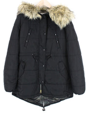 REPLAY Women Jacket S Black Lined Padded Faux Fur Hooded Zipped Snap Parka