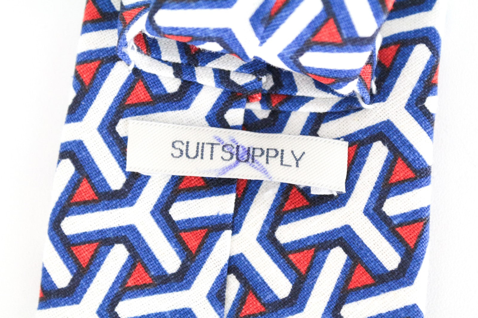 SUITSUPPLY Men Tie 148 x 8 cm Blue Red Linen Cotton Patterned Pointed-End