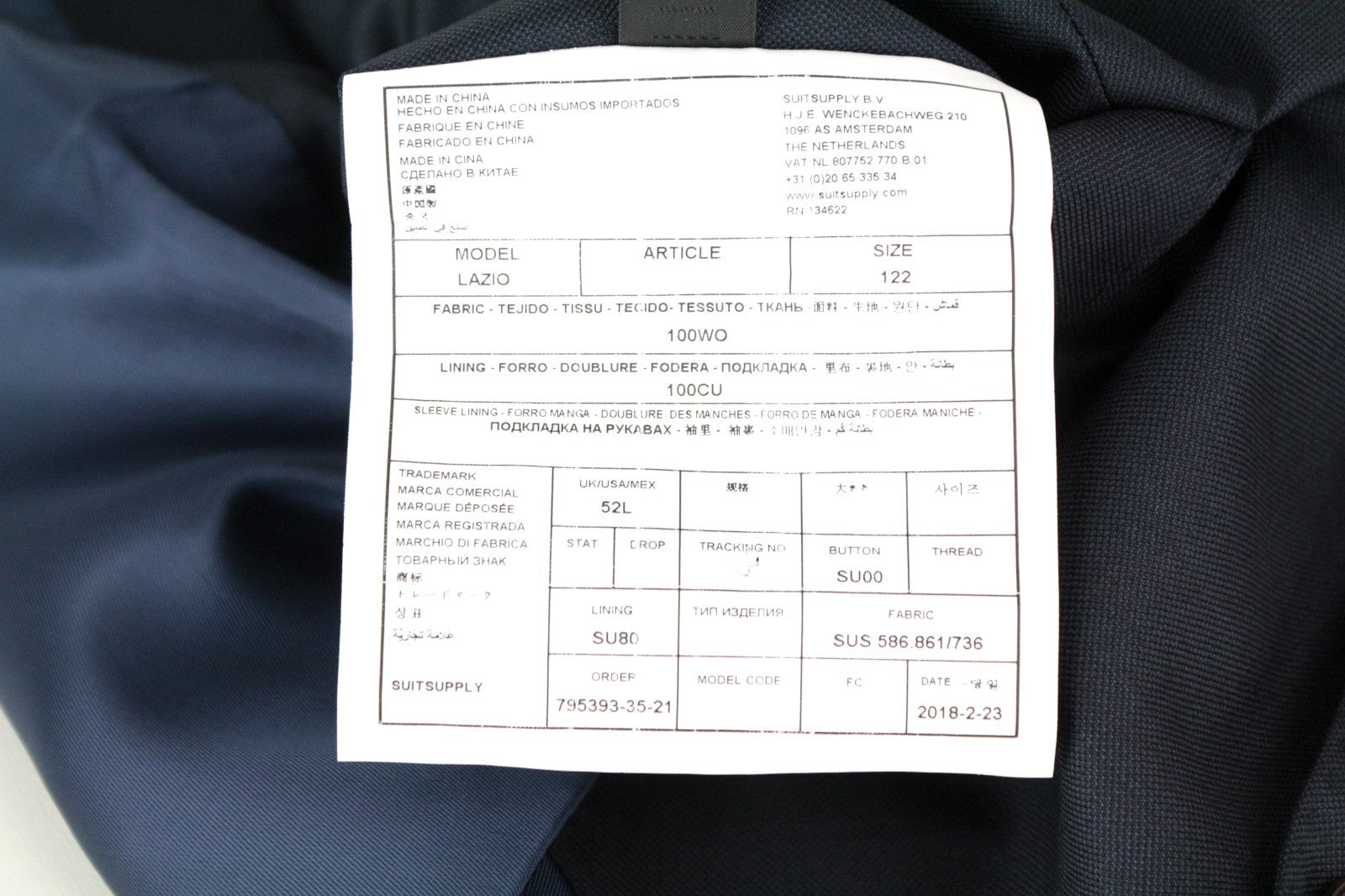 SUITSUPPLY Lazio Men Suit UK52 Blue Pure Wool Single-Breasted Formal 3 Piece