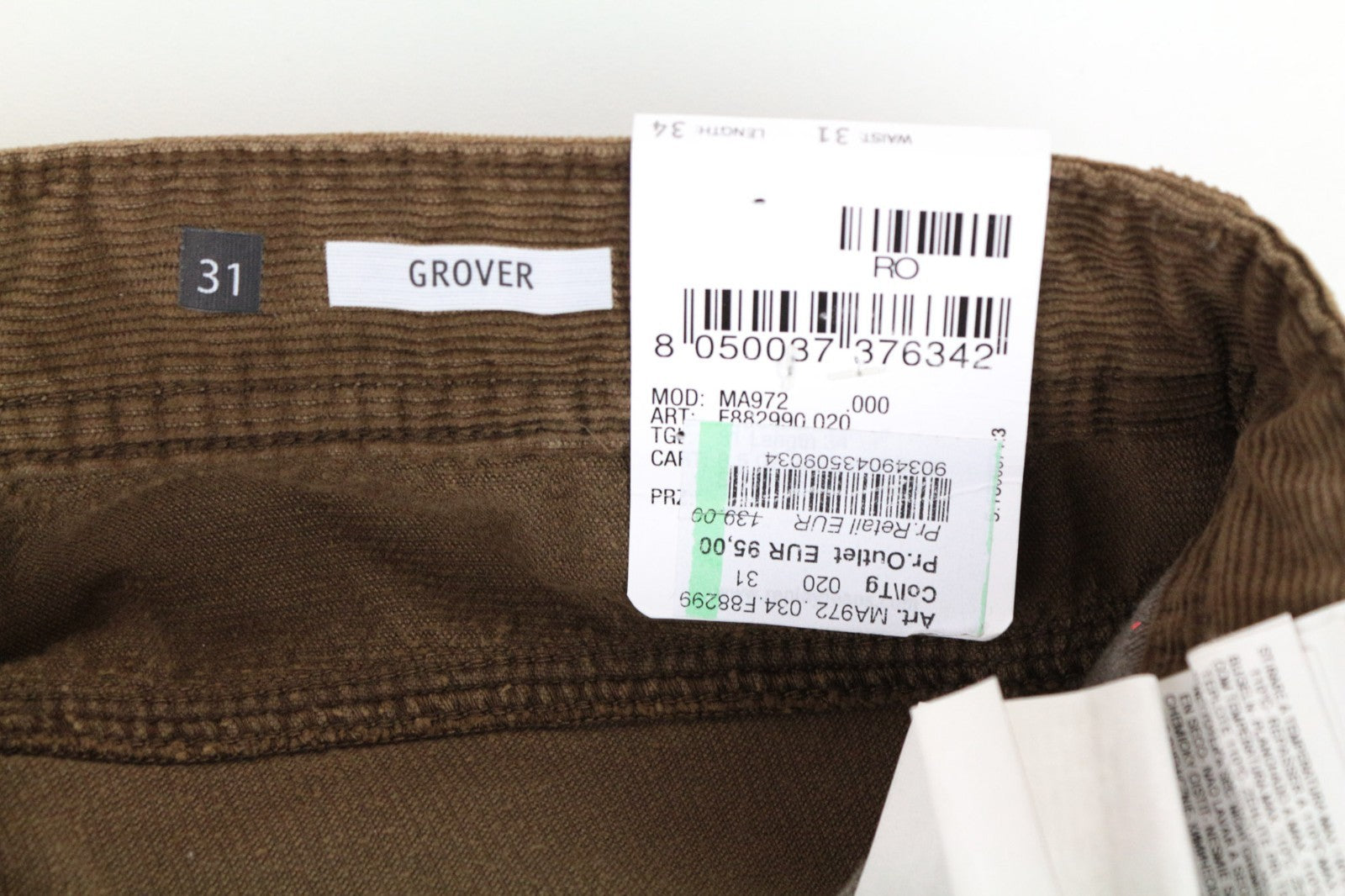 REPLAY Grover Men Trousers W31/L34 Straight Cotton Stretch Brown Corduroy