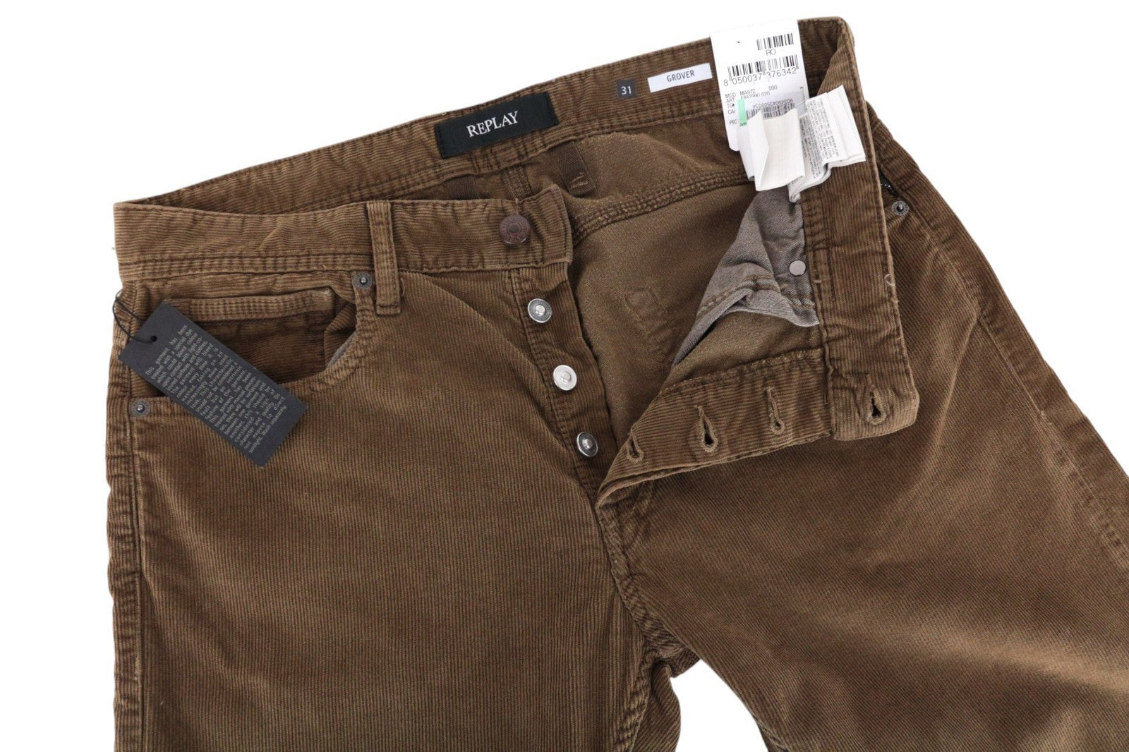 REPLAY Grover Men Trousers W31/L34 Straight Cotton Stretch Brown Corduroy