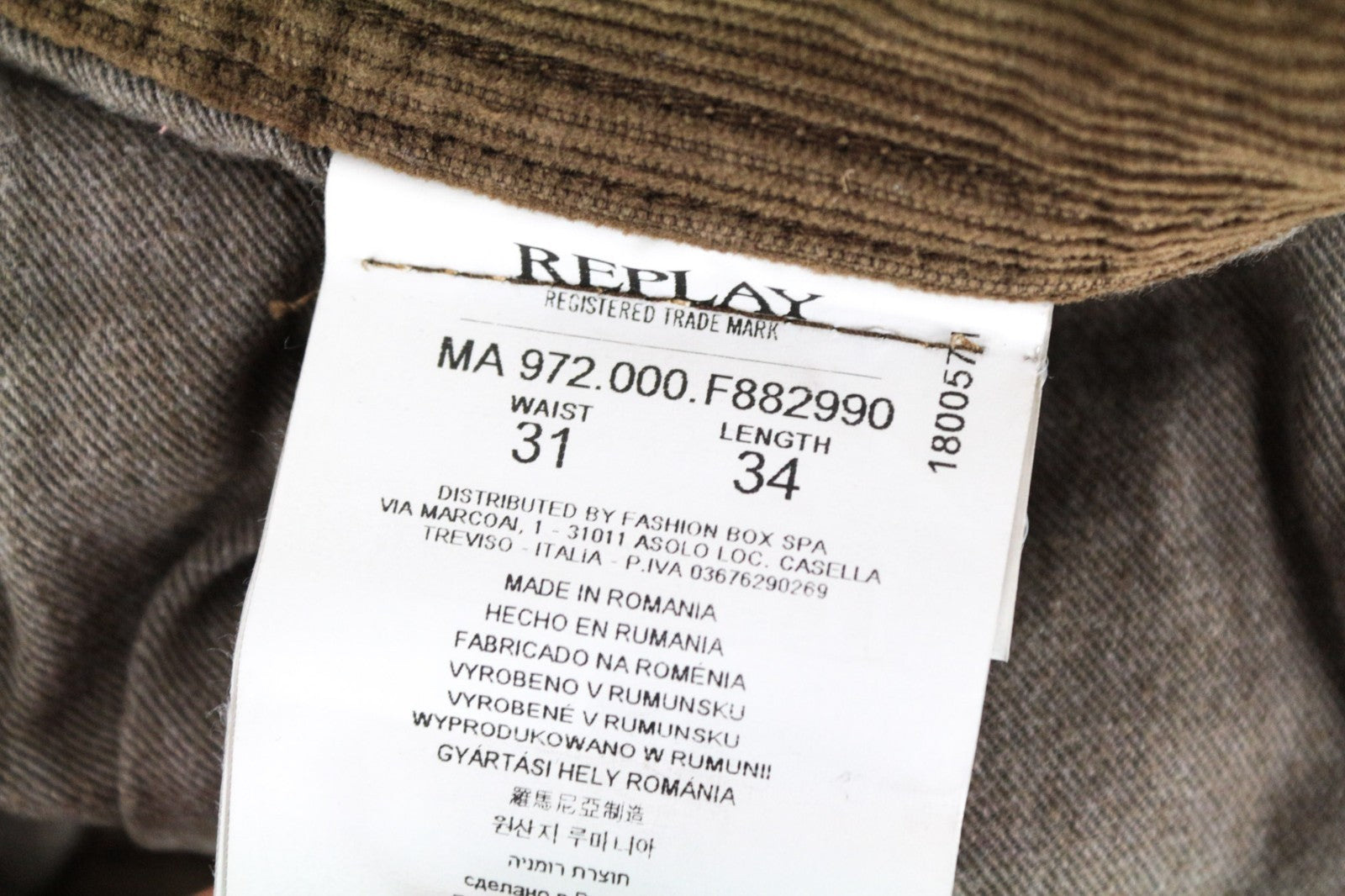REPLAY Grover Men Trousers W31/L34 Straight Cotton Stretch Brown Corduroy