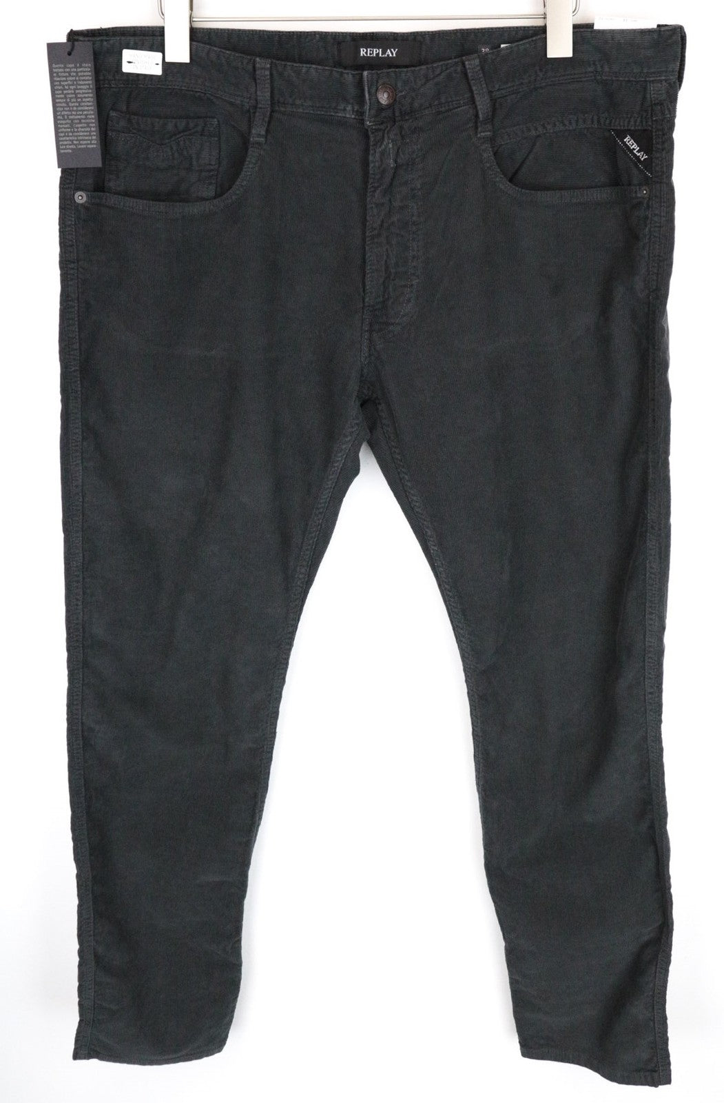 REPLAY Anbass Men Trousers W38/L34 Slim Cotton Stretch Grey Corduroy