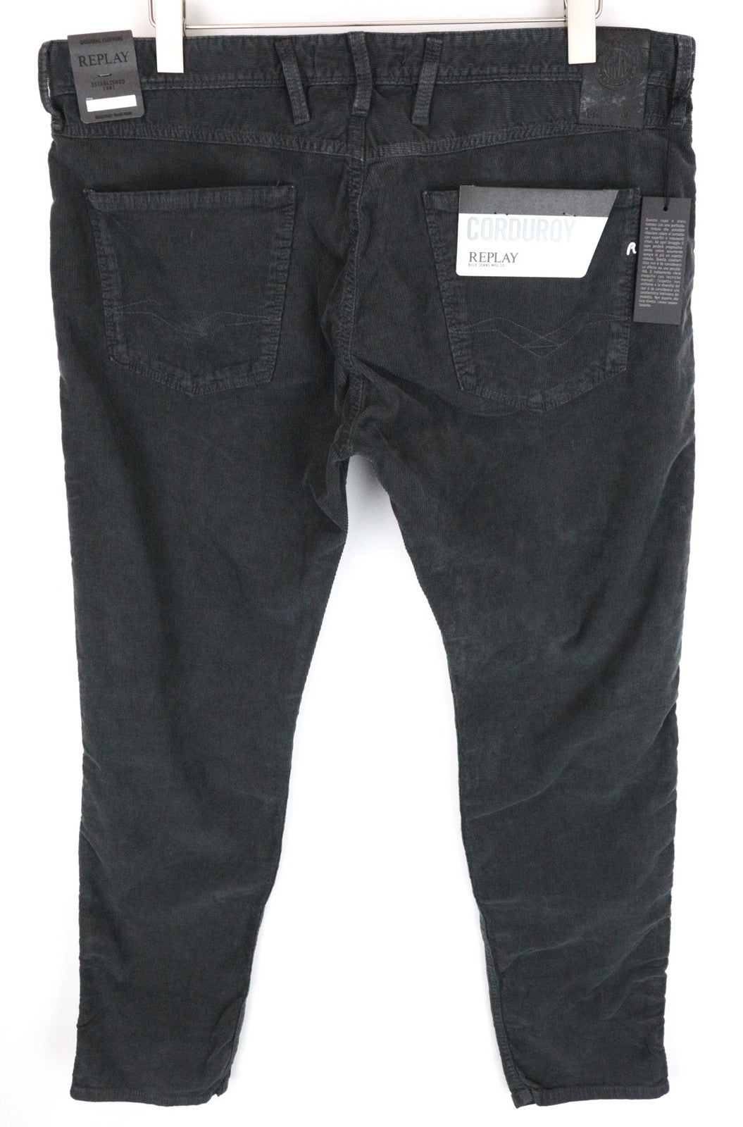 REPLAY Anbass Men Trousers W38/L34 Slim Cotton Stretch Grey Corduroy