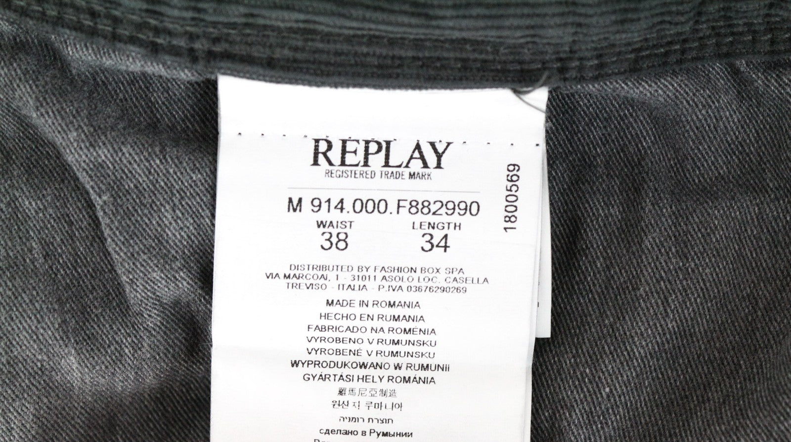 REPLAY Anbass Men Trousers W38/L34 Slim Cotton Stretch Grey Corduroy