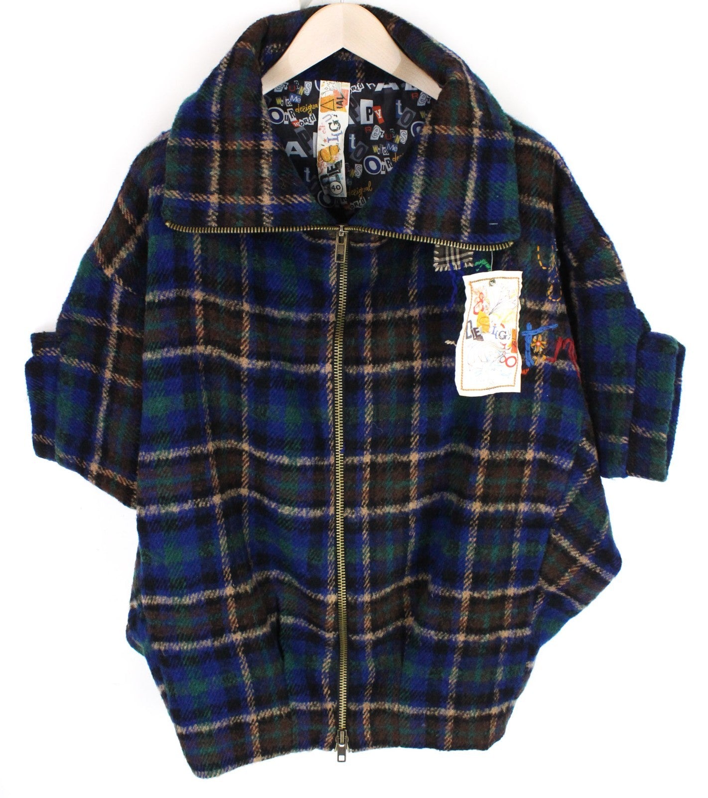DESIGUAL Women Jacket 40 Blue Wool Blend Checked Short Sleeve Single-Breasted