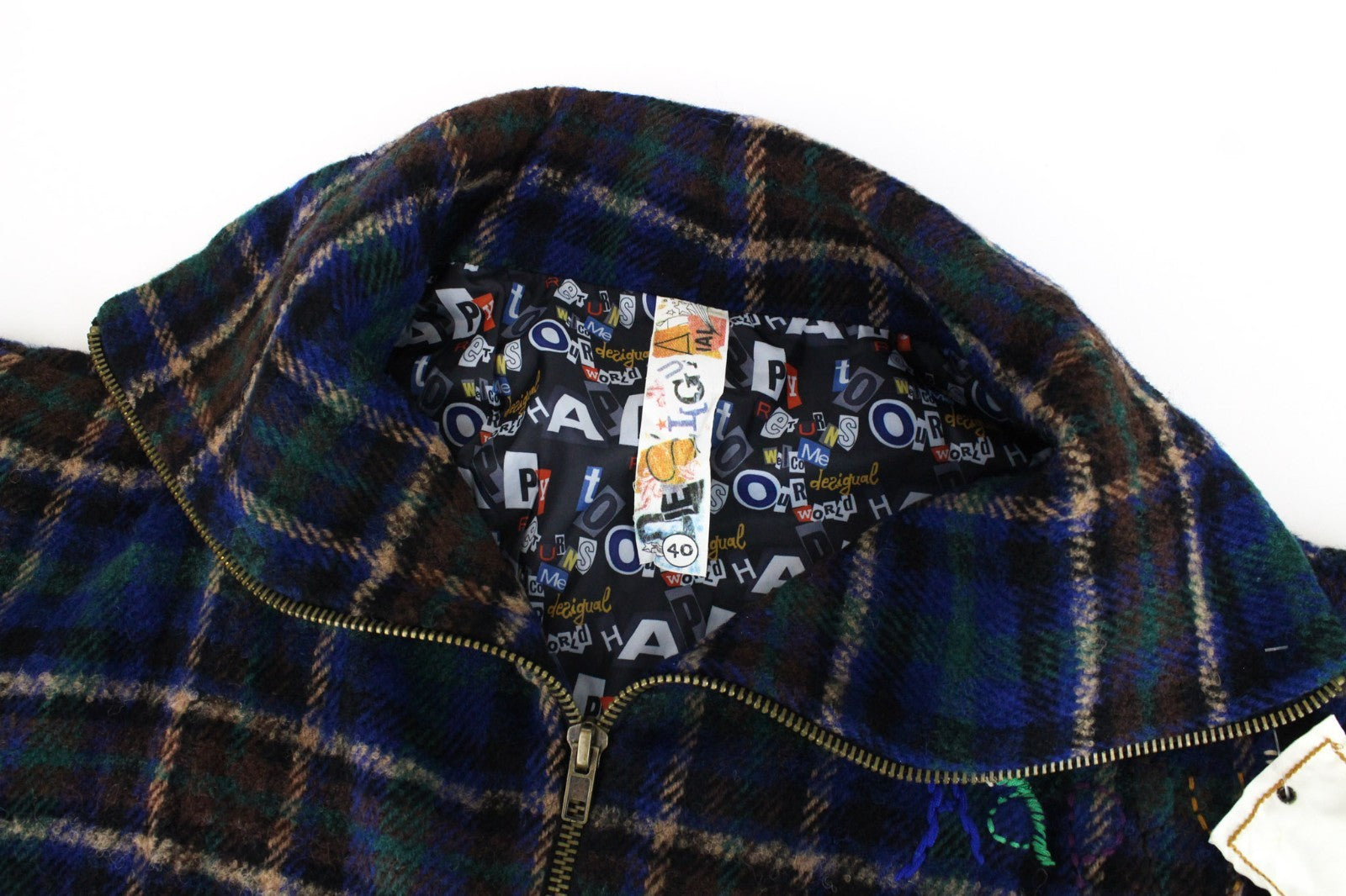 DESIGUAL Women Jacket 40 Blue Wool Blend Checked Short Sleeve Single-Breasted