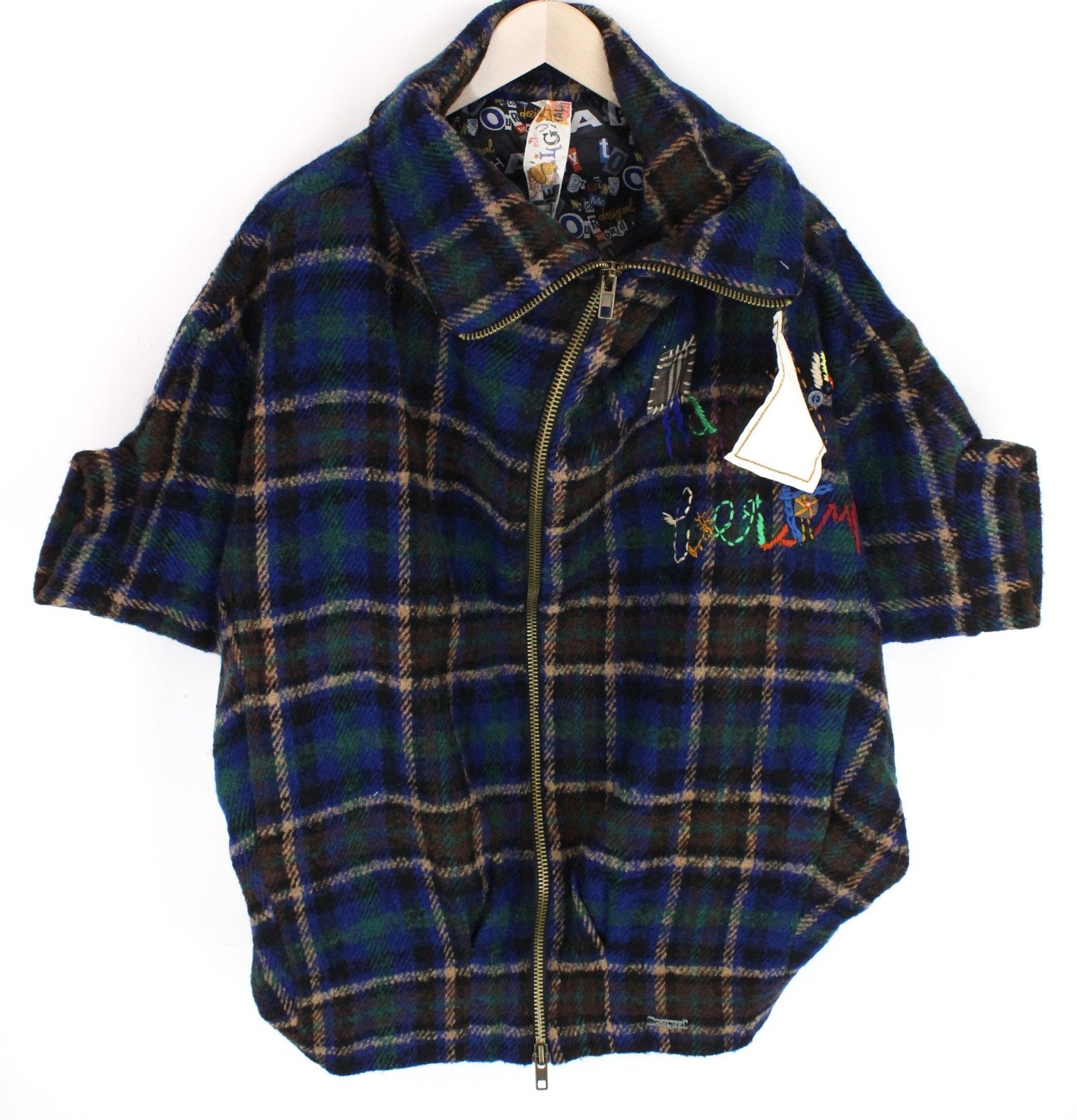 DESIGUAL Women Jacket 40 L Blue Wool Blend Checked Short Sleeved Zipped