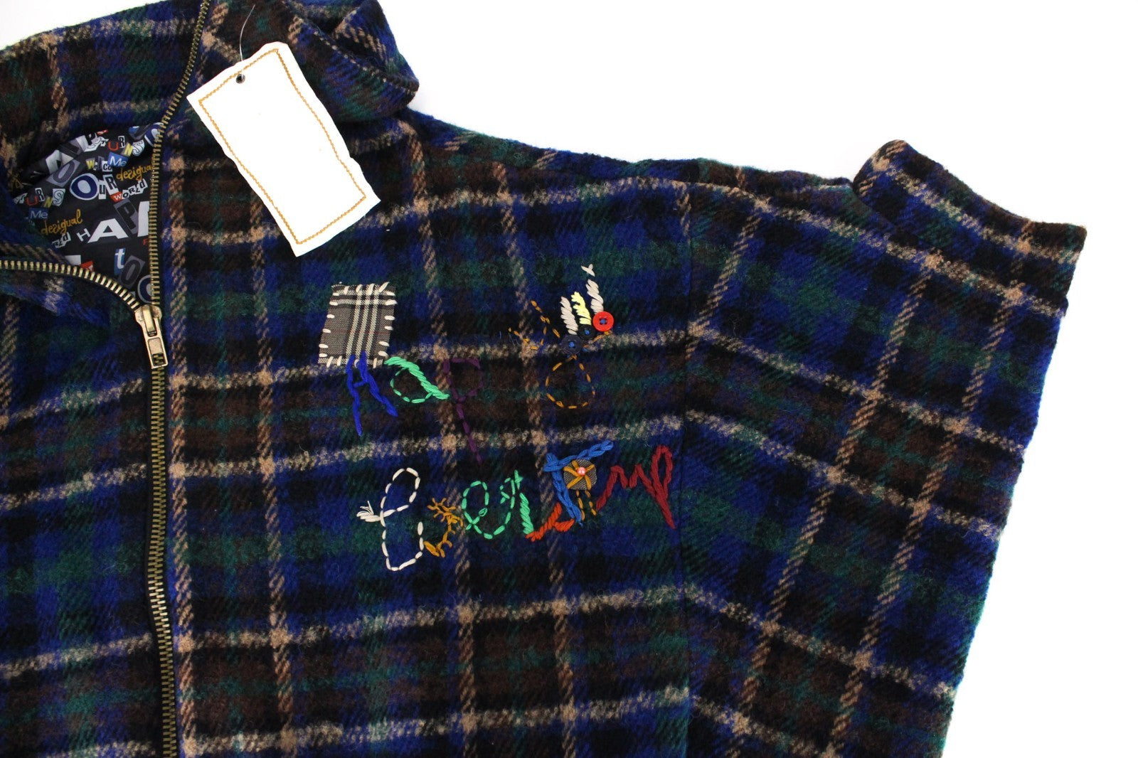 DESIGUAL Women Jacket 40 L Blue Wool Blend Checked Short Sleeved Zipped