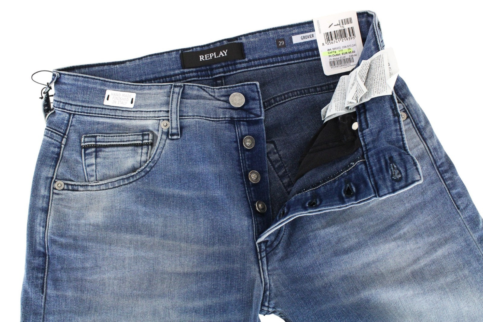 REPLAY Grover Men Jeans W29/L34 Super Stretch Button-Fly Blue Straight Classic