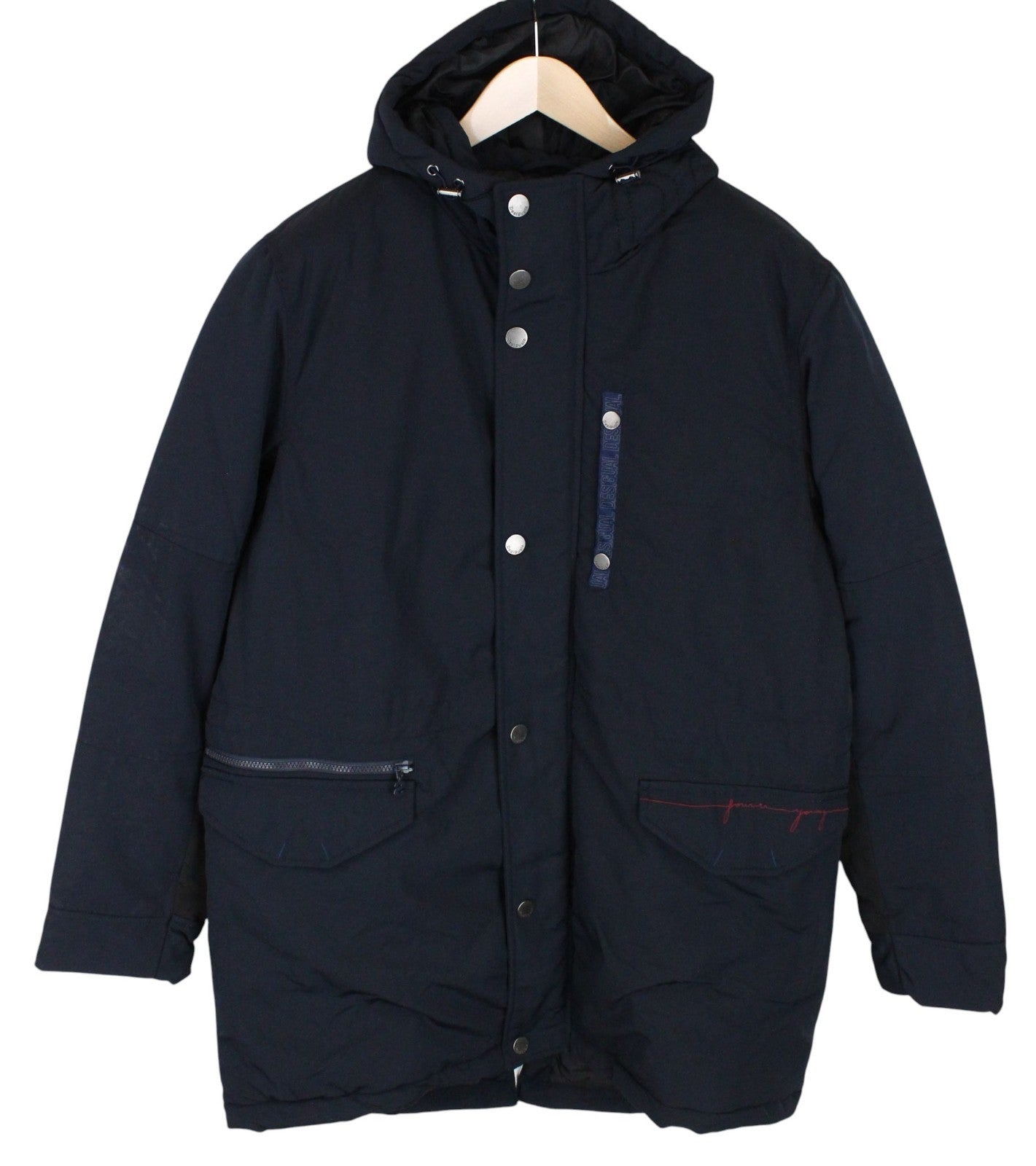 DESIGUAL Ernesto Men Jacket 2XL Dark Blue Hooded Outerwear Zip Up Lined