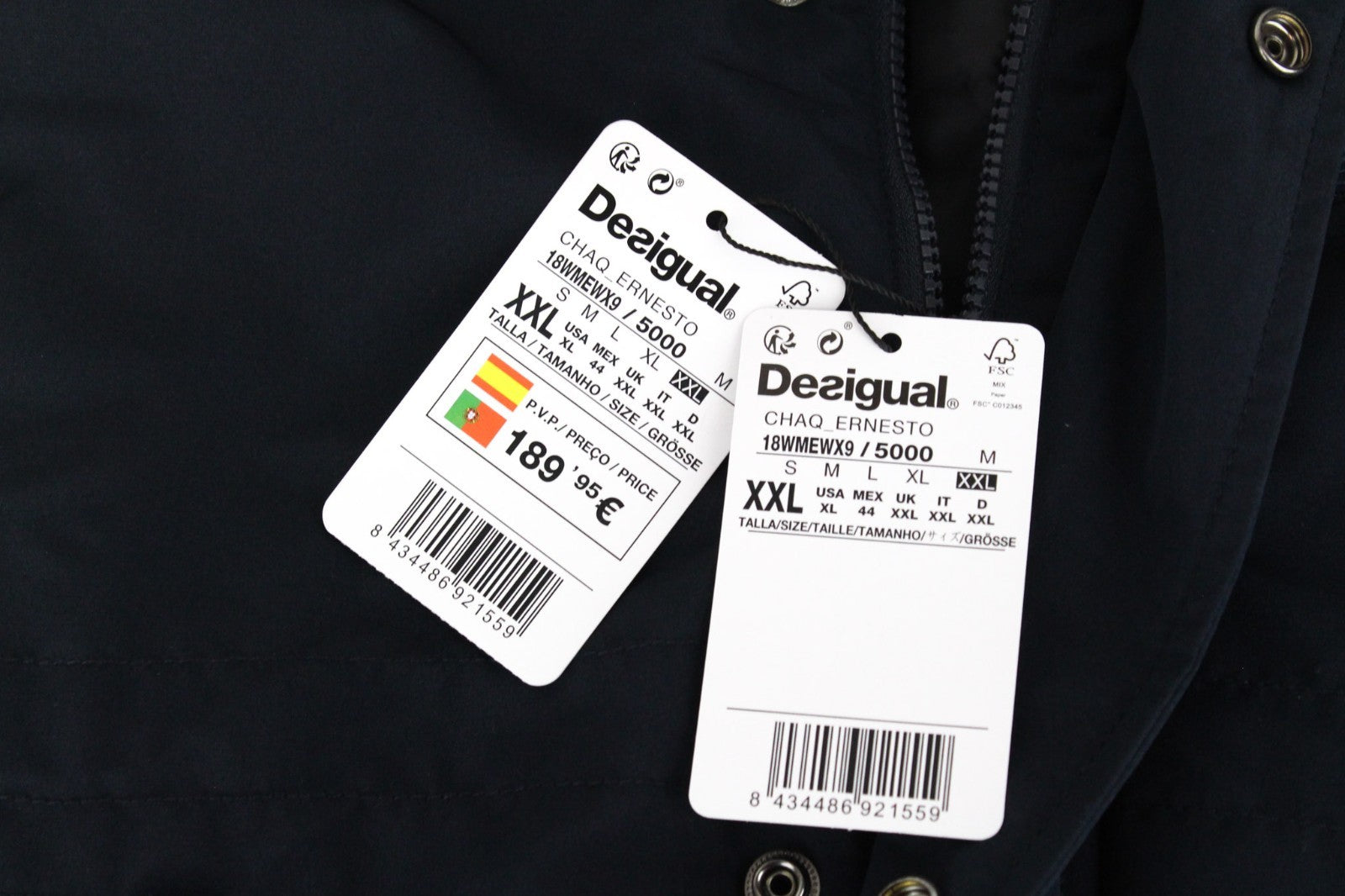 DESIGUAL Ernesto Men Jacket 2XL Dark Blue Hooded Outerwear Zip Up Lined