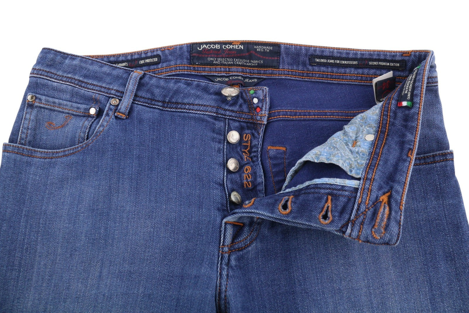 JACOB COHEN J622 Comf Men Jeans W34 Blue Faded Skinny Fit Button Fly
