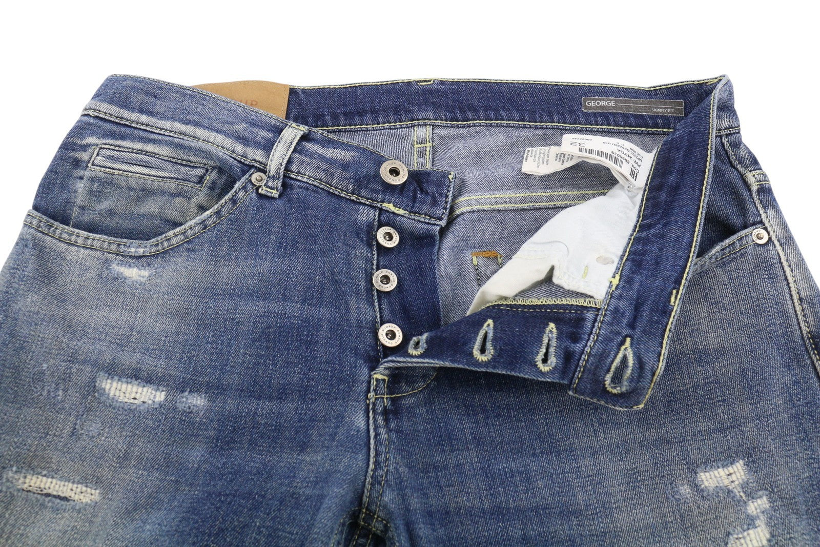 DONDUP George Skinny Fit Men Jeans W32 Blue Whiskers Faded Distress Buttoned