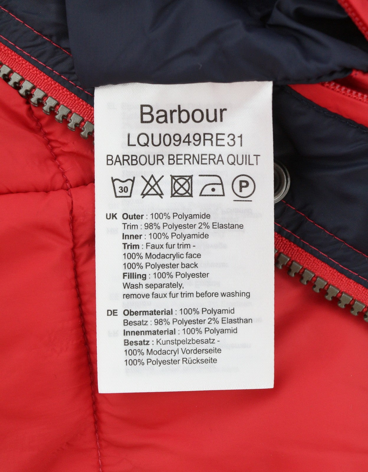 BARBOUR Bernera Quilt Women Jacket EU42 XL Red Fibre Down Filled Full Zip