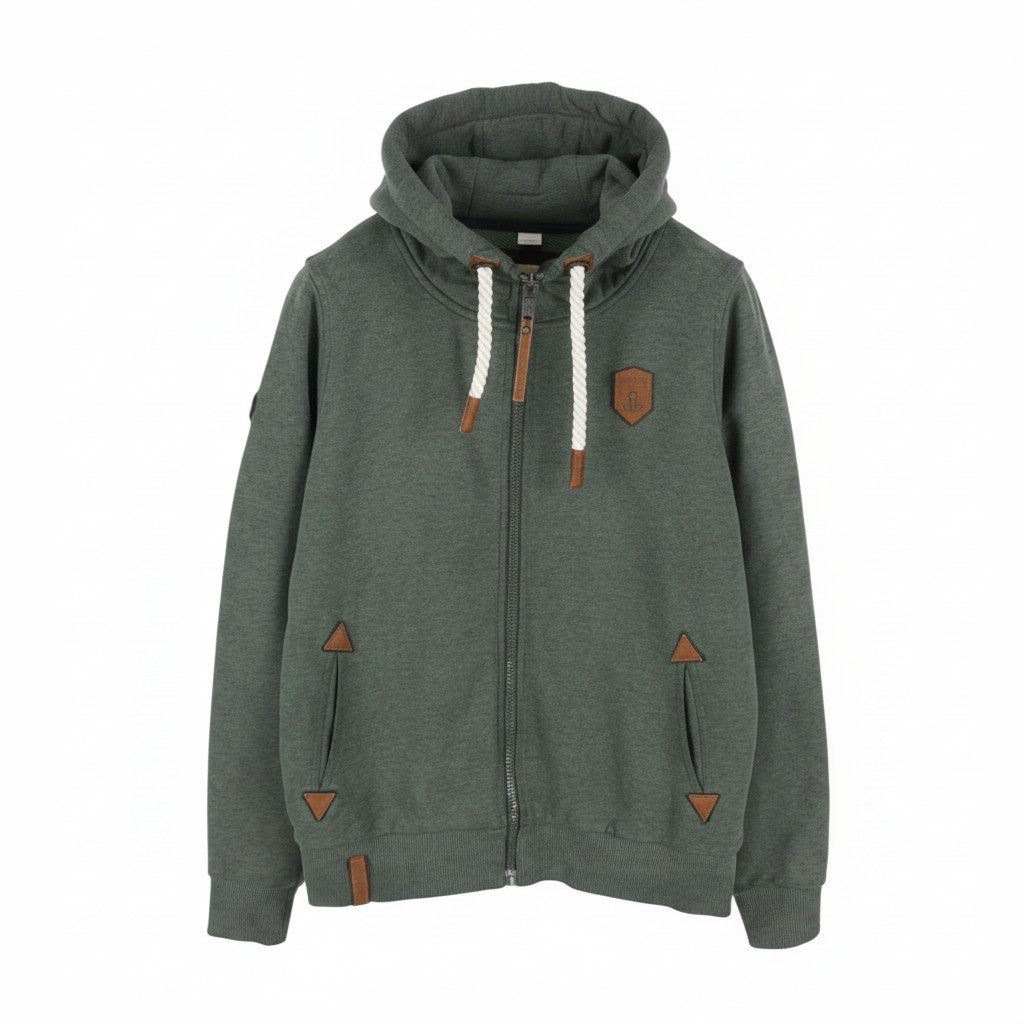 NAKETANO Men Hoodie L Green Melange Long Sleeve Full Zip