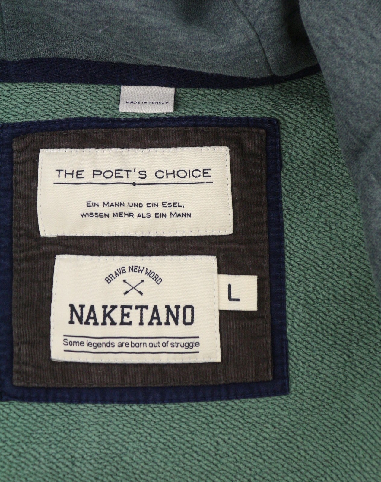 NAKETANO Men Hoodie L Green Melange Long Sleeve Full Zip
