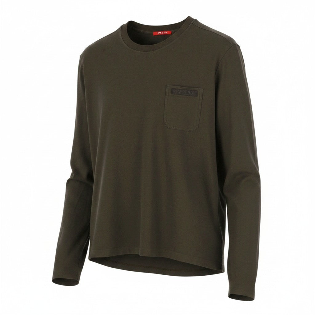 PRADA Men Sweatshirt XL Brown Patch Pocket Crew Neck Long Sleeve Pull On