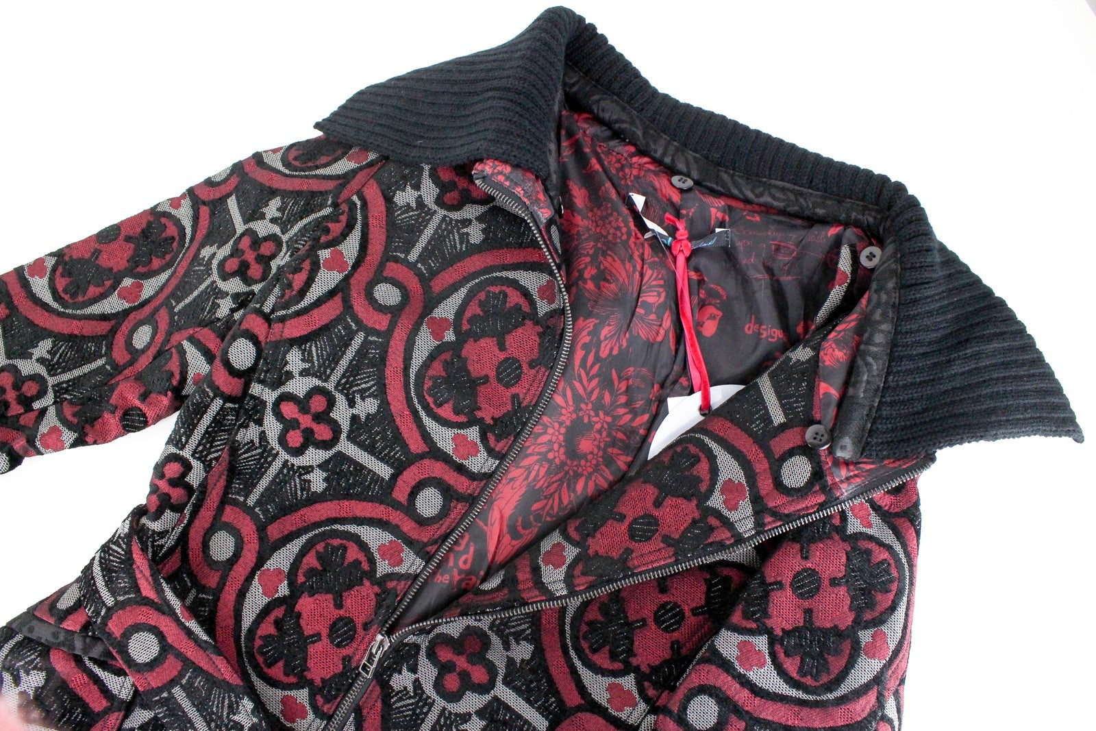 DESIGUAL Sagitario Women Coat EU38 M Red Grey Patterned Zipped Hooded Lined