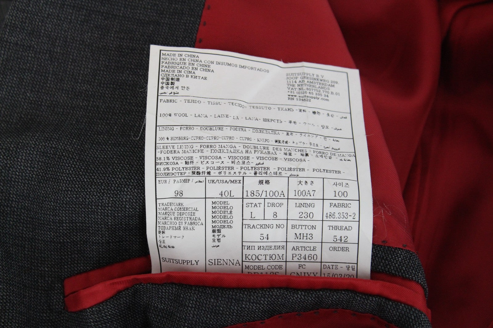 SUITSUPPLY Sienna Men Blazer UK40L Grey Birdseye Check Melange Formal Pure Wool
