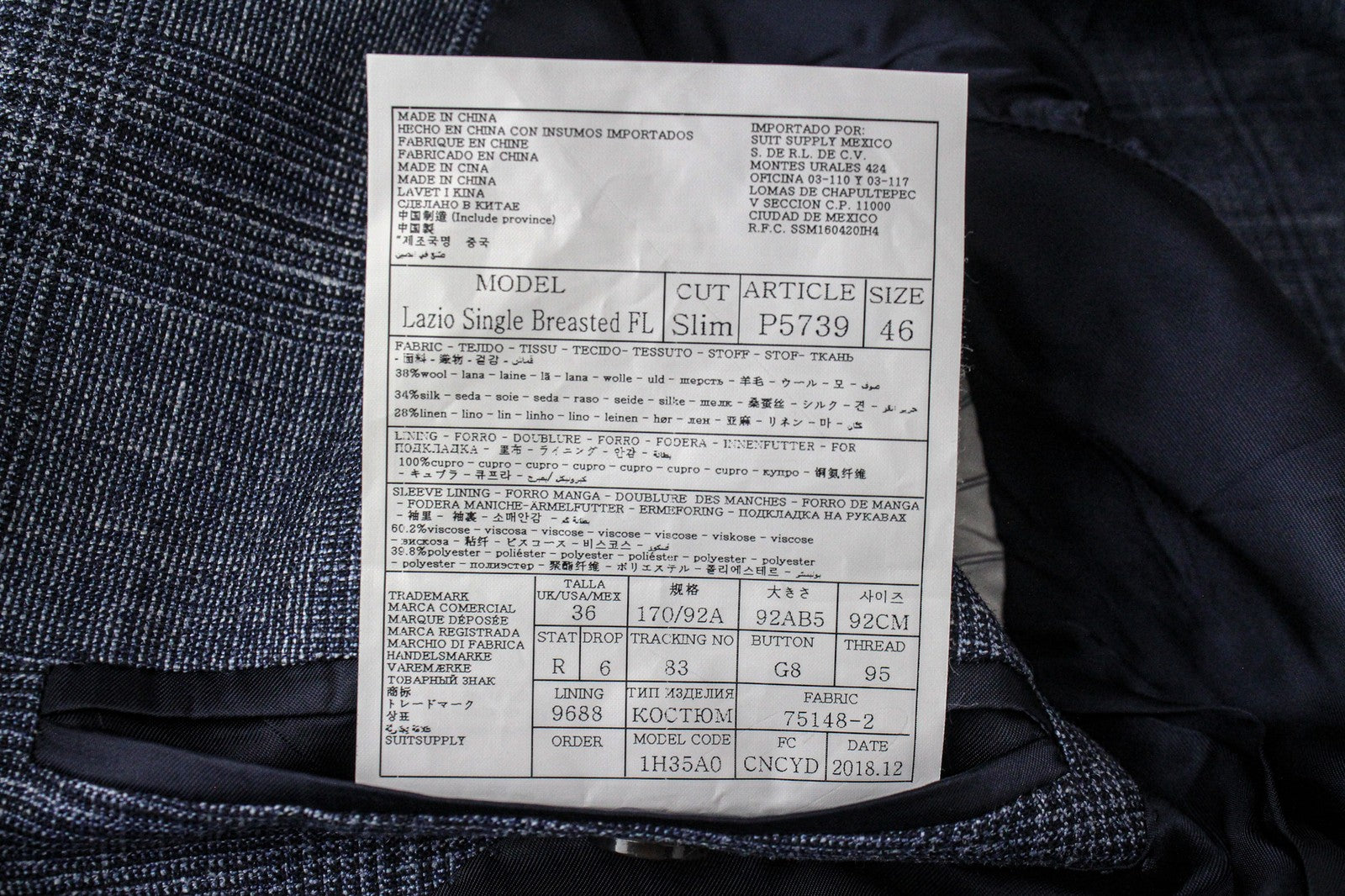 SUITSUPPLY Lazio Men Suit UK36R Blue Slim Glen Check 2-Piece Wool Silk Linen