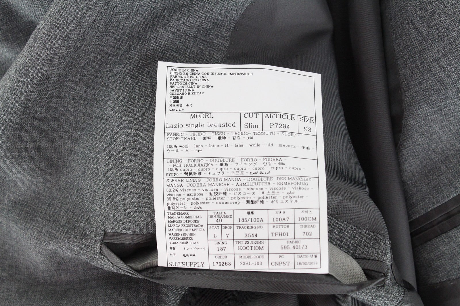 SUITSUPPLY Lazio Men Suit UK40L Grey 2-Piece Slim Melange Pure Wool Tropical