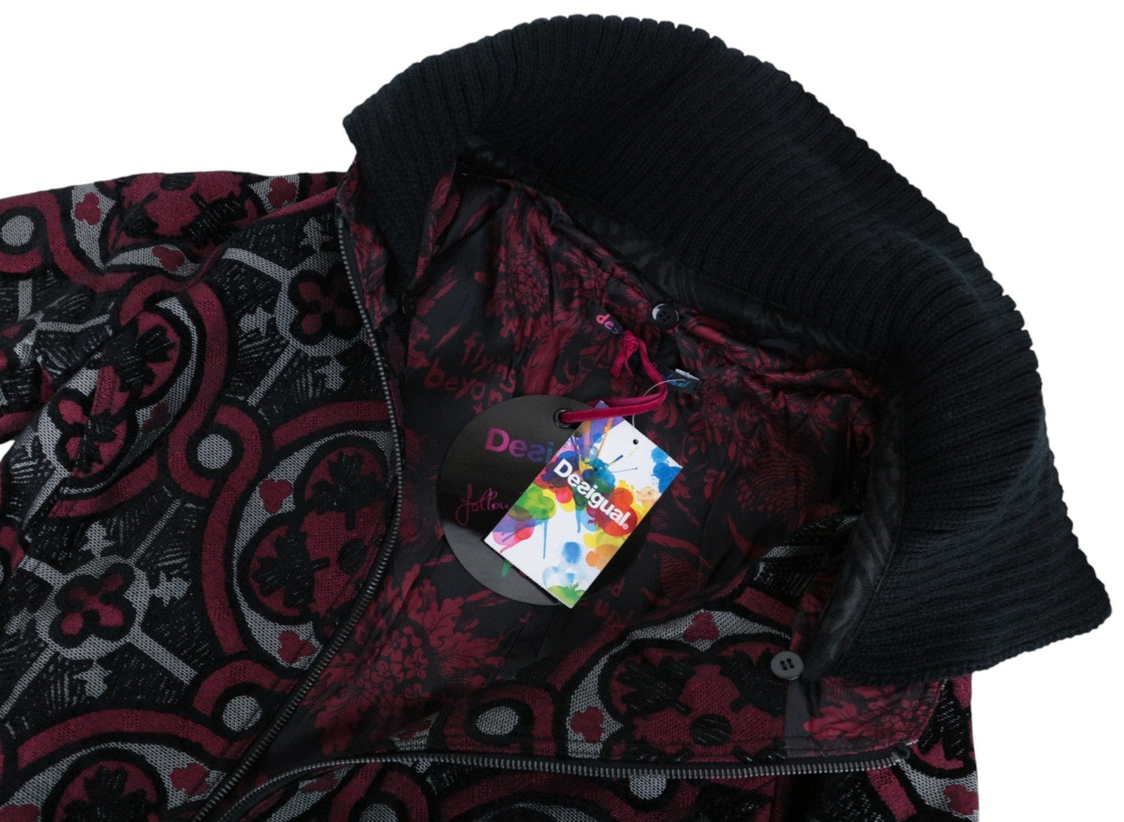 DESIGUAL Sagitario Women Coat ~EU38 Red Designer Jacquard Melange Mid-Length~