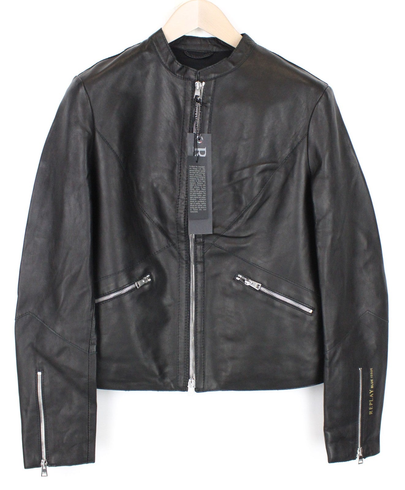 REPLAY Women Jacket L Leather Black Pure Lambskin Zip Up Classic Lined RRP€399