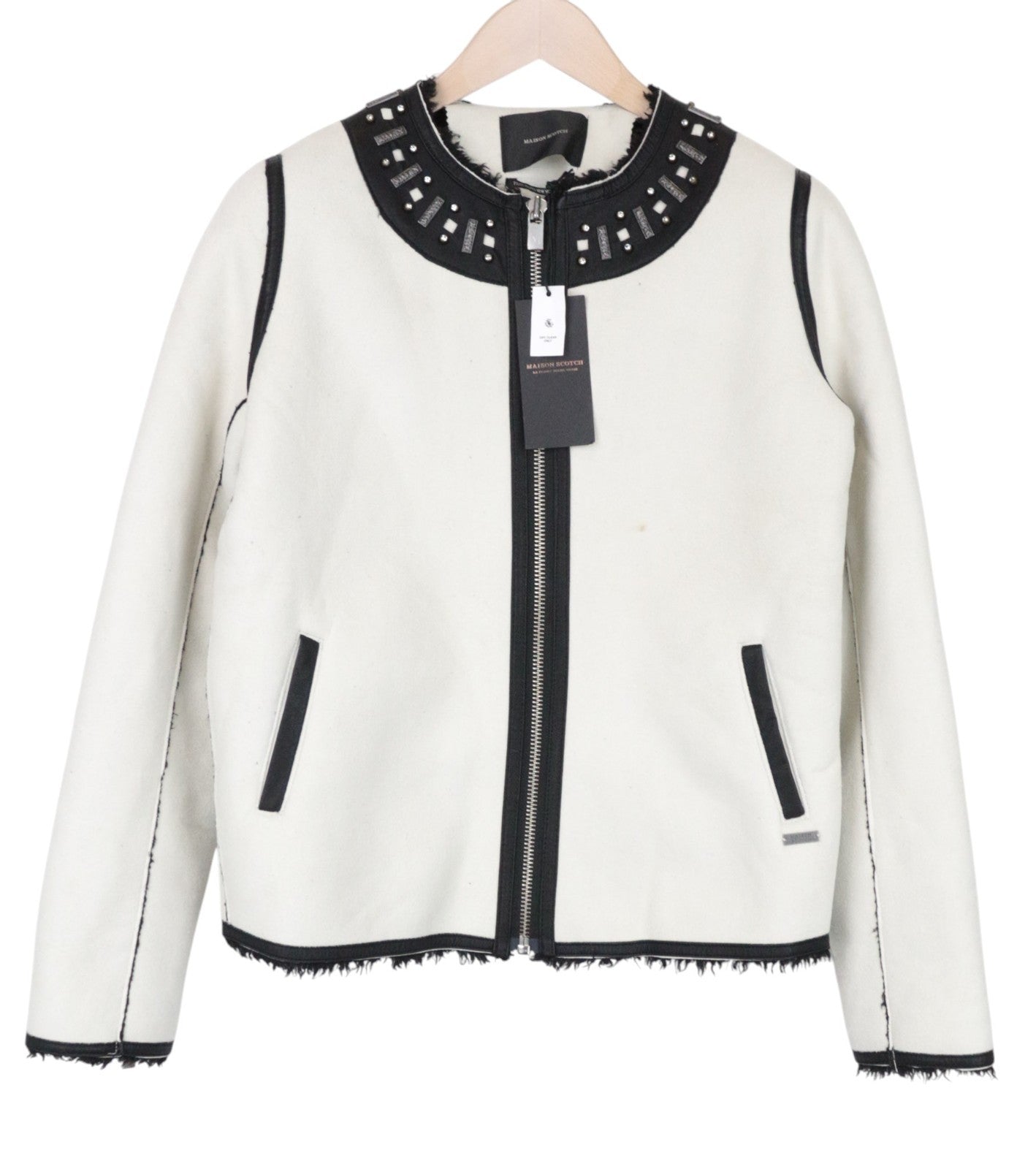 MAISON SCOTCH Women Jacket M Off-White Single-Breasted Faux Suede Studs Zip
