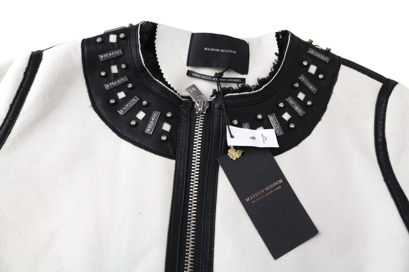 MAISON SCOTCH Women Jacket M Off-White Single-Breasted Faux Suede Studs Zip