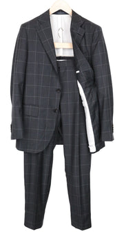 SUITSUPPLY La Spalla Men Suit UK38R Windowpane Check 2-Piece Grey Slim Wool